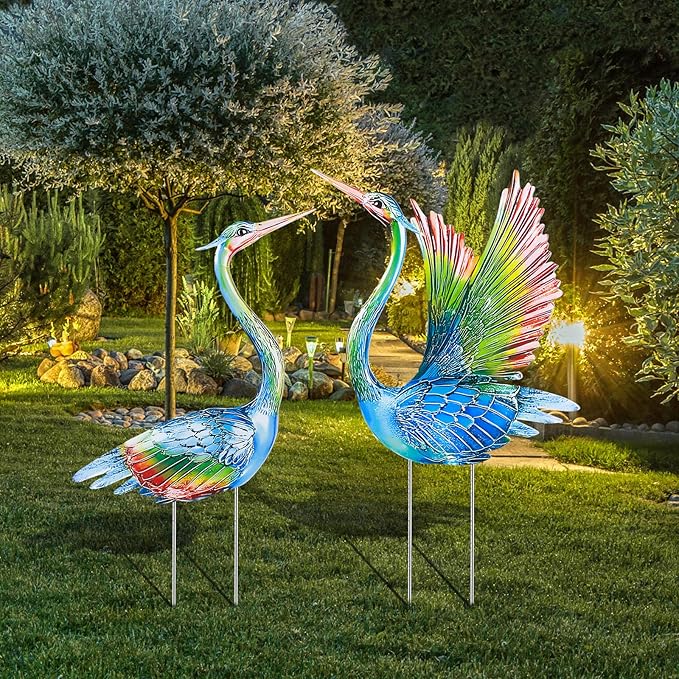 Suzile 2 Pack Garden Crane Statues Outdoor Heron Garden Animal Sculpture Metal Large Birds Lawn Sculptures and Statues for Patio Pond Patio Porch Outside Decorations