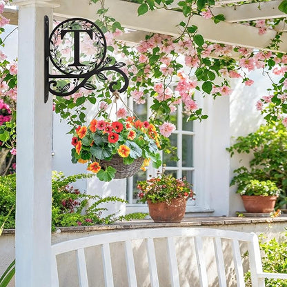 Personalized Initial Metal Plant Hanger Bracket, Decorative Wall Mount Hanging Plant Hook, Monogram Floral Leaf Garden Stake for Hanging Baskets Bird Feeders Lanterns Wind Chime (T)