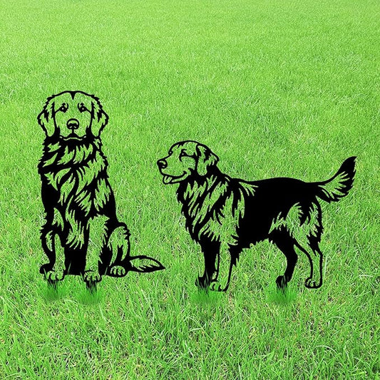 GLOBLELAND 2 Pcs Golden Retriever Mental Garden Stakes Black Silhouette Dog Decorative Yard Stakes Trees Metal Outdoor Art Decor for Yard Patio Lawn Walkway Ornament