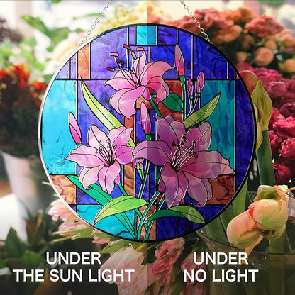 Hanway Suncatcher in Colorful Stained Glass 12" Dia - Genuine Brightly Colored Glass, Protective Metal Edge, Ready to Use Hanging Chain, for Window, Garden (Lily)