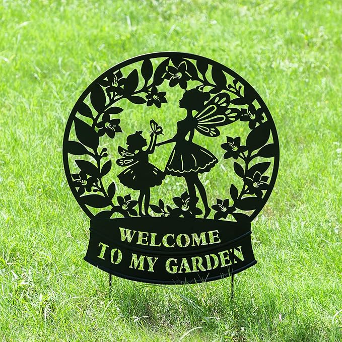 Glitzhome Flower Fairy Decorative Garden Stakes, 30" H Black Metal Silhouette with Welcome to My Garden Banner, Iron Garden Yard Art Decor for Lawn or Wall Decor