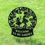 Glitzhome Flower Fairy Decorative Garden Stakes, 30" H Black Metal Silhouette with Welcome to My Garden Banner, Iron Garden Yard Art Decor for Lawn or Wall Decor
