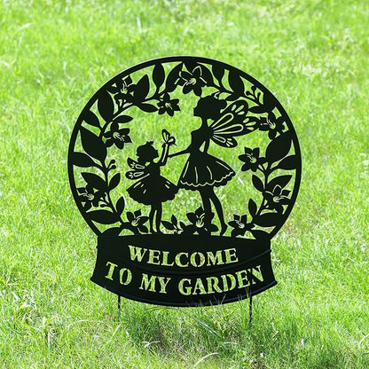 Glitzhome Flower Fairy Decorative Garden Stakes, 30" H Black Metal Silhouette with Welcome to My Garden Banner, Iron Garden Yard Art Decor for Lawn or Wall Decor
