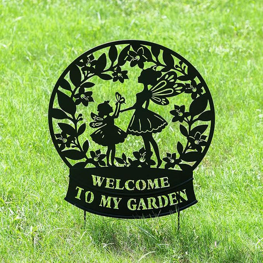 Glitzhome Flower Fairy Decorative Garden Stakes, 30" H Black Metal Silhouette with Welcome to My Garden Banner, Iron Garden Yard Art Decor for Lawn or Wall Decor