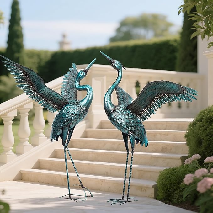 chisheen Garden Statue Outdoor Metal Heron Crane Yard Art Sculpture for Lawn Patio Backyard Decoration,46 inch (2-Pack) (Blue&Black)