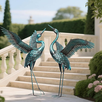 chisheen Garden Statue Outdoor Metal Heron Crane Yard Art Sculpture for Lawn Patio Backyard Decoration,46 inch (2-Pack) (Blue&Black)