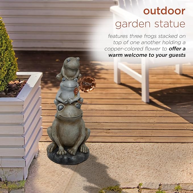 Alpine Corporation 18" Tall Outdoor Stacked Frogs Statue Holding Blessed Flower, Weatherproof Garden Decor, Gray
