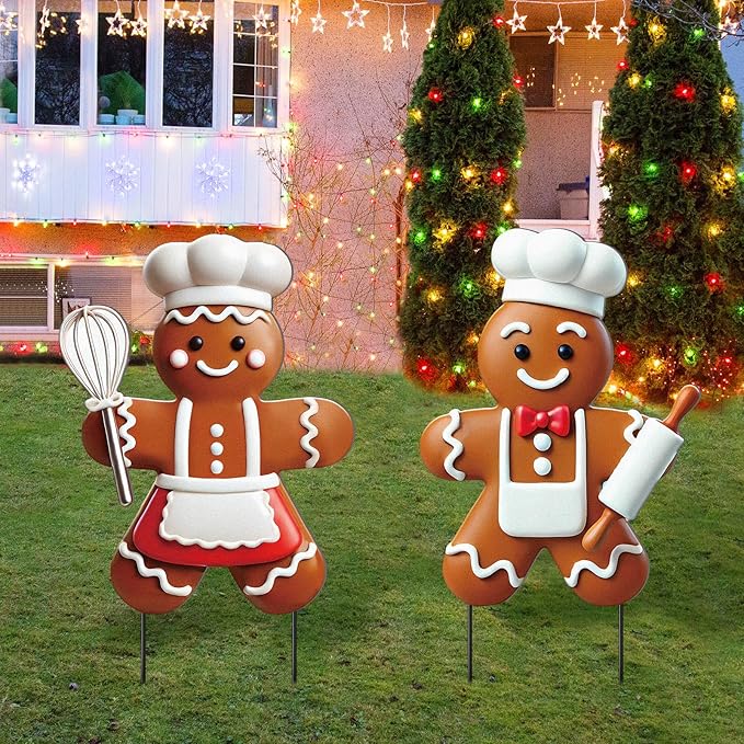 2 Pack Christmas Yard Stakes Metal Stakes 3D Boy and Girl Yard Sign Christmas Outdoor Decorations for Outside Holiday Xmas Winter Ornament Lawn Pathway(Ginger Cake Chef)