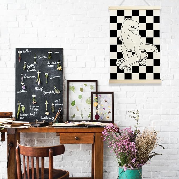 Skateboarding Dinosaur Wall Art, Checkered Black and White Kids Room Decor, Cool Poster for Boys Bedroom or Playroom, 12x17 Inch Canvas Hanging (135)