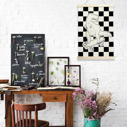 Skateboarding Dinosaur Wall Art, Checkered Black and White Kids Room Decor, Cool Poster for Boys Bedroom or Playroom, 12x17 Inch Canvas Hanging (135)