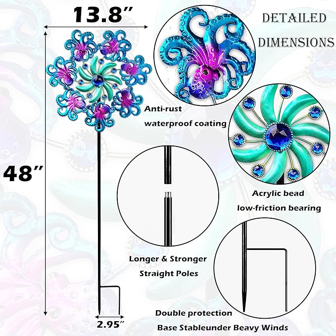 Octopus Wind Spinners 49" Garden Spinner Stake Outdoor Large Metal, Windmills Gifts for Mother's Day Birthday Lawn Patio Decor（Blue）