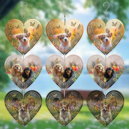 Wind Spinners Outdoor, Bird Repellent，3D Hearts Dog Pattern Hanging, 15 inches, Kinetic, Stainless-Steel Metal, Indoor and Outdoor Decoration for Garden, Patio, Yard, Gift for Women Mom Wife.