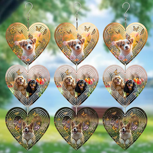 Wind Spinners Outdoor, Bird Repellent，3D Hearts Dog Pattern Hanging, 15 inches, Kinetic, Stainless-Steel Metal, Indoor and Outdoor Decoration for Garden, Patio, Yard, Gift for Women Mom Wife.