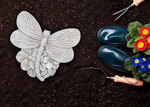 Magnolia Garden 12-Inch Antique White Sculpted Dragonfly Decorative Stepping Stone – 3D Floral Resin Garden Walkway Tile – Weathered Winged Insect Outdoor Accent
