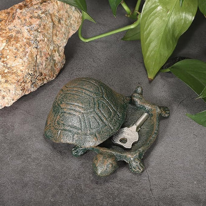 JUXYES Turtle Cast Iron Key Hider Outside Spare Door Key Box Outdoor Small Garden Statues Ornament, Turtle Indoor Decoration Jewelry Trinkets Box for Key, Ear Studs, Ring, Paper Clip