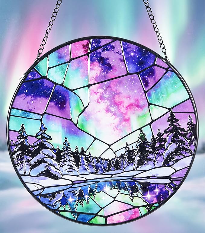 Stained Glass Window Hanging Suncatchers with Aurora Borealis 12.6", Winter Landscape Glass Panel with Metal Chain for Home Decor Gift for Women Mother's Day, Birthday, Men, and Mom