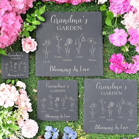 Personalized Garden Stone with Birth Flower Personalized Gifts for Grandma, Mom, Her, Women - Gifts for Mothers Day, Birthday, Christmas, Valentines - Birth Flower Gifts