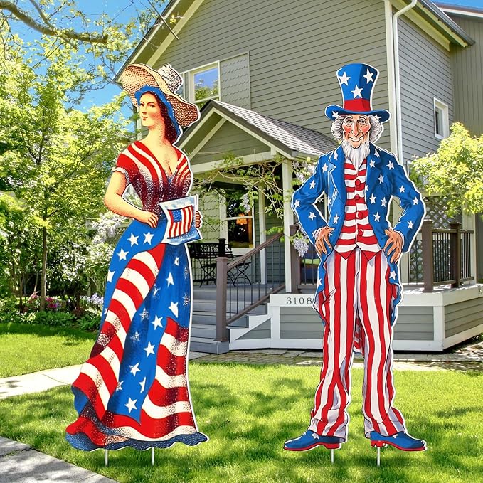 Beeveer 2 Pcs 4th of July Yard Sign with Stake Outdoor Patriotic Star Lawn Decoration American Man Woman Waterproof Welcome Party Yard Sign for Memorial Day Home Garden Pathway Supplies(Woman Man)