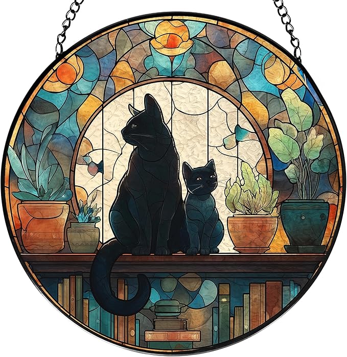 Black Cat Book Lovers Stained Glass Window Hanging, Book Lovers Reader Gifts Suncatchers Sun Catchers Indoor Window Glass Wall Art Decorations, Black Cat Gifts for Women, 7.9x7.9in, Patio