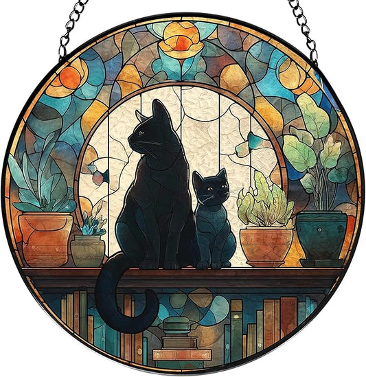 Black Cat Book Lovers Stained Glass Window Hanging, Book Lovers Reader Gifts Suncatchers Sun Catchers Indoor Window Glass Wall Art Decorations, Black Cat Gifts for Women, 7.9x7.9in, Patio
