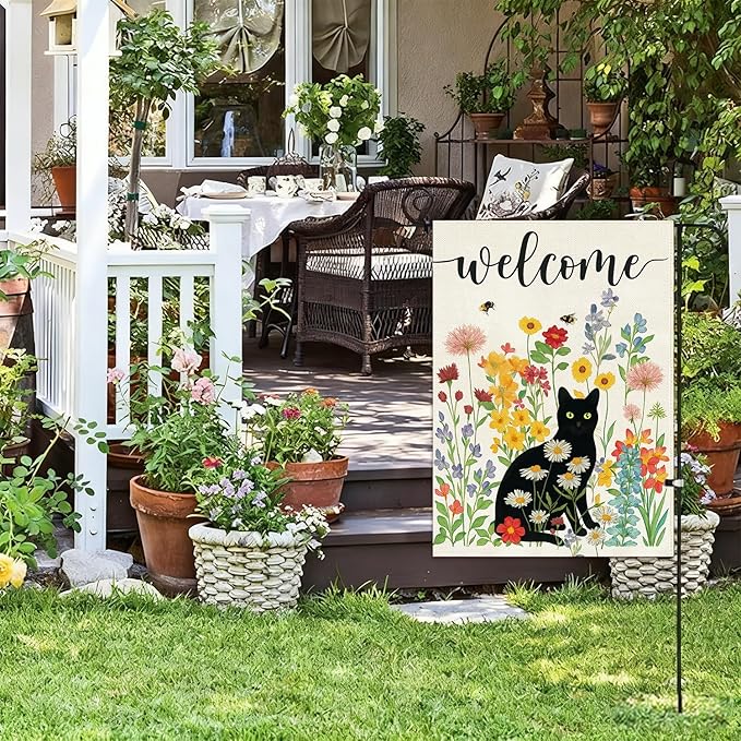 Baccessor Spring Summer Black Cat Garden Flag Double Sided 12.5 x 18 Inch Burlap with Clip and Stopper,Floral Flowers Welcome Flag Front Yard Lawn Seasonal Farmhouse Outside Outdoor Decoration