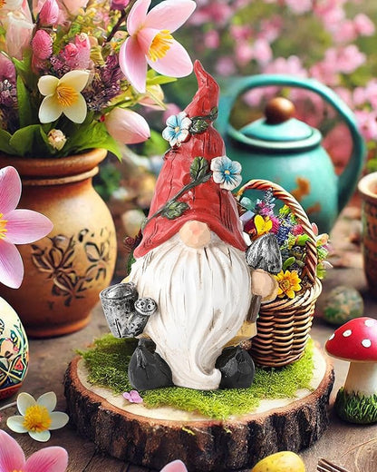 GoGnome Hand-Painted Resin Garden Gnome with Watering can and Shovel Figurine - 6.5" Summer and Spring Decorations for Home and Yard - Ideal Gnome Gifts for Women (Red)