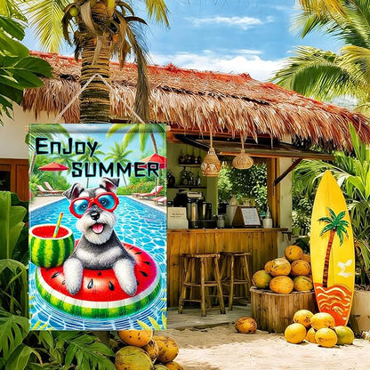 HOMETITUTE Hello Summer Garden Flag Schnauzer Dog 12X18 Inch Print Double Sided Cute Puppy Decorative Yard Flag Banner Poolside Patio Decor Banner Outside Seasonal Holiday Outdoor Decoration