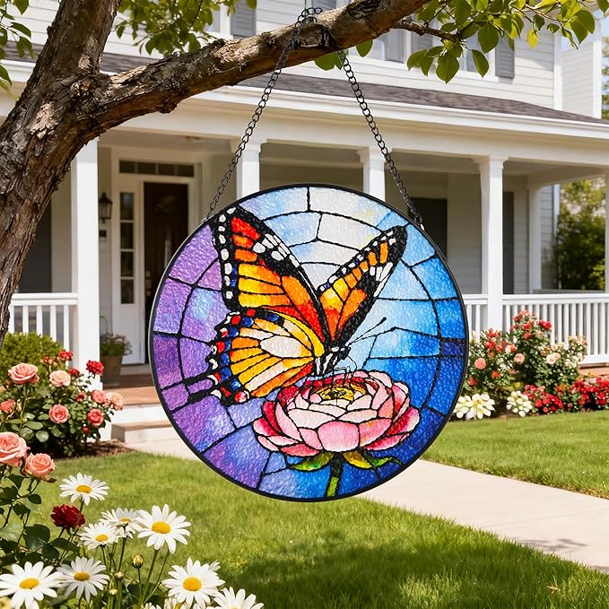 Stained Glass Window Hanging, Emperor Butterfly Circular Painted Glass Suncatcher with Chain & Suction Cup for Home Garden Door Decor, Birthday for Women Men Mom 7.8 in