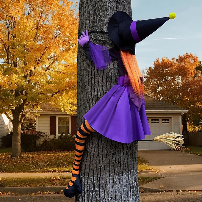 JOYIN 56'' Crashing Witch Halloween Tree Decorations Outdoor, Flying Witch on Broom Hanging Decorations for Yard, Porch, Door, Lawn, Haunted House Prop