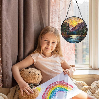Mountain Sunset Suncatcher Stained Glass Window Hanging, Nature Mountain Landscape Sun Catchers Indoor Window Glass Wall Art Decor, Nature Wall Hanging Decor, 7.9x7.9 Inch 044-MH-BLGH