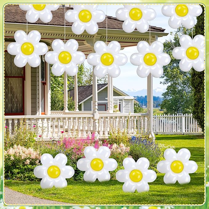 Realspring 18 Pcs Spring Daisy Flower Inflatables Balls 12 Inch Inflatable White Daisy Flowers Blow up Decorations Spring Hanging Ornament Giant PVC Yard Decor for Indoor Outdoor Garden Party Supplies