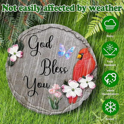 God Bless You-Resin Stepping Stone,Outdoor Garden Pathway Decoration,Round Red Hummingbird Decorative Stone for Garden,Walkway Sculpture Yard Art for Patio,Home Decor