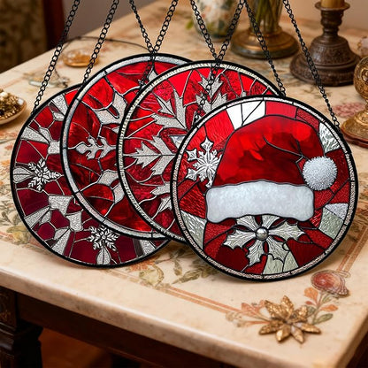 DASTOLL Stained Glass Window Hanging 4 Pcs Set Red Christmas Decorations Theme 9.8" - Suncatcher Door Garden Sun Catcher Decor Birthday for Mom Woman Nana Men Friend Wife