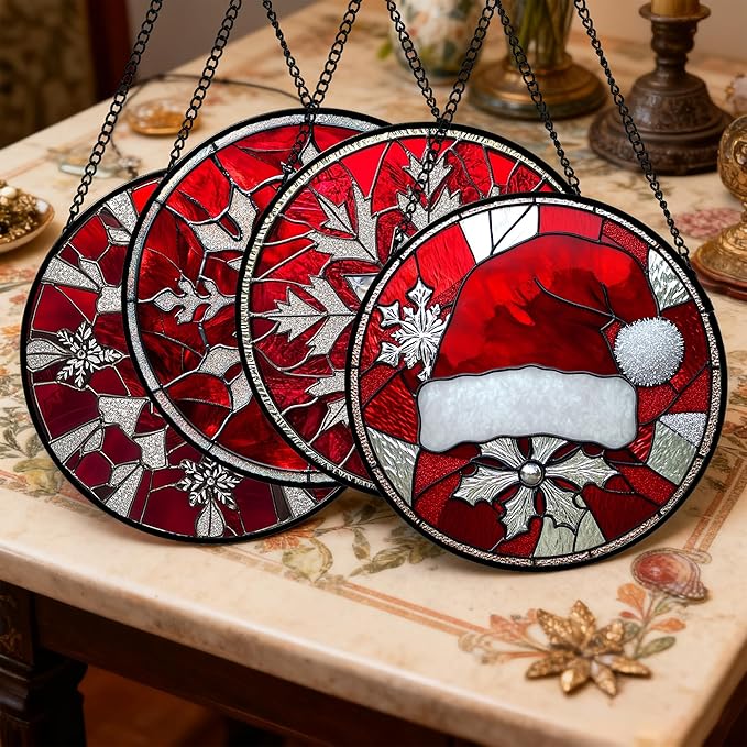 DASTOLL Stained Glass Window Hanging 4 Pcs Set Red Christmas Decorations Theme 7.8" - Suncatcher Door Garden Sun Catcher Decor Birthday for Mom Woman Nana Men Friend Wife