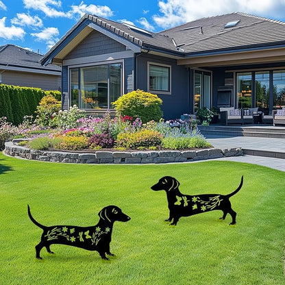 Black Dog Silhouette Decor for Outside, Dachshund Metal Garden Bird Repellent Decorative, Statues Yard Art, Pathway, Lawn, Patio, Outdoor Ornaments, Set of 2