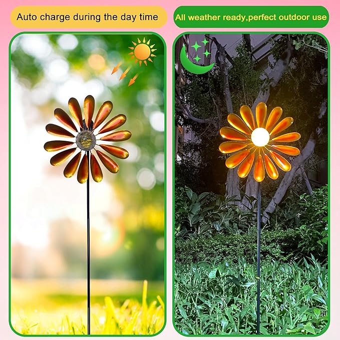 Solar Daisy Garden Wind Spinner, 44.48 Inch, Metal Stake Yard Wind Spinner with Solar-Powered Warm White LED Glass Globes and Dynamic Spinning Windmill for Yard Decor. Orange