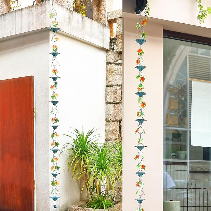Fall Color Maple Leaf and Cup Rain Chains for Gutters, Rain Chains for Outside 8.5 Ft Decorative Rain Chain, Metal Rain Catcher Chain Outdoor Fall Decorations Harvest