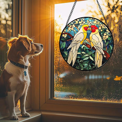 CHATYOUNG Stained Glass Window Hanging 2 Parrots Yellow Flowers Large 15" - Suncatcher Door Garden Sunroom Bird Sun Catcher Home Decor Mother's Day Birthday Christmas for Mom Men Woman Nana