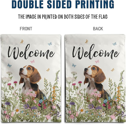 Floral Beagle Garden Flag Spring Summer House Flags 28 x 40 Double Sided Flower Dog Yard Flags for Outside Large Outdoor Welcome Flags