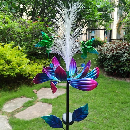 Solar Hummingbird Wind Spinners, Solar Firework Lights Garden Décor, Metal Lotus Flower Windmill Colour Changing Optical Fiber Lights Yard Decoration, Outdoor Wind Sculpture for Lawn Patio,Balcony