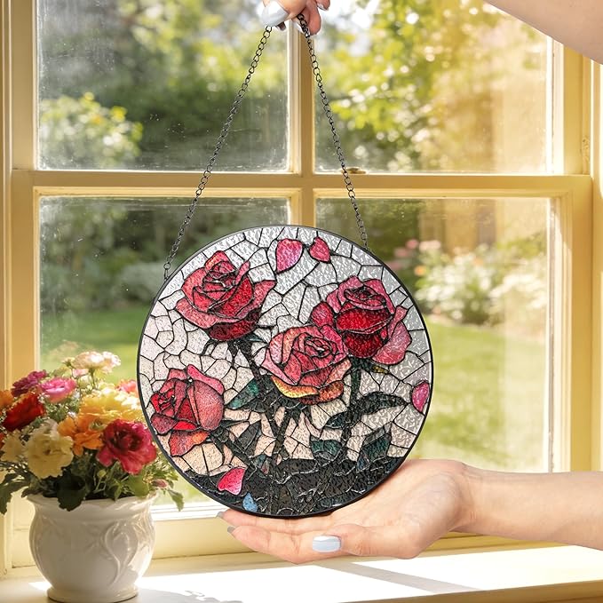 Pink Red Roses Stained Glass Window Hanging Suncatchers Valentine Roses Glass Panel Hangings Vintage Floral Window Decor Flowers Lovers Gift for Women Mom Spring Garden Nature Ornament 11.8inch