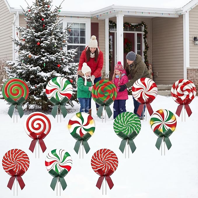 15 Pcs Christmas Outdoor Yard Signs Candy Decorations Outdoor Christmas Decorations Xmas Yard Lollipop Candy Hanging Ornaments Stakes Holiday Garden Sign Cardboard for Party Porch Lawn Walkway Decor