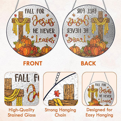 FLAGWIX Fall Decorations for Home - Stained Glass Window Hanging 8in - Christian Sun Catchers Indoor Window, Fall Gifts for Women Men, Thanksgiving Decorations Sun Catcher, Christian Gifts for Mom Dad