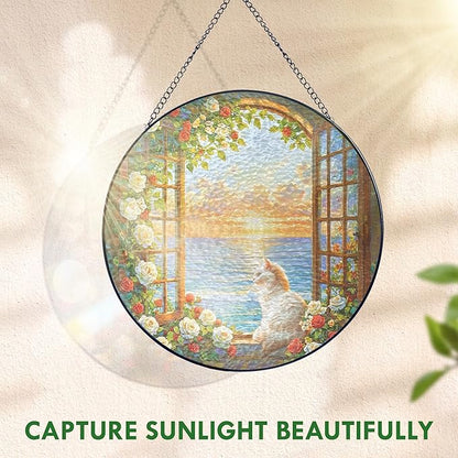 FLAGWIX Cat Gifts for Women - Stained Glass Window Hanging 10 in - Cat Lady Gifts for Women Mom Grandma Pet Lovers, Suncatchers for Windows Hanging Coastal Decor, Suncatcher Decorations for Home