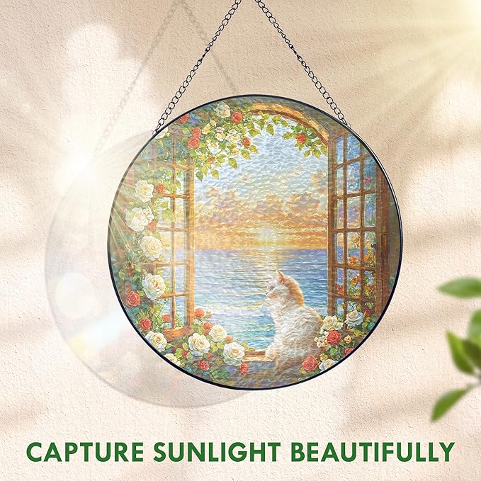 FLAGWIX Cat Gifts for Women - Stained Glass Window Hanging 8 in - Beach Gifts for Women Mom Grandma, Gift for Cat Lovers, Suncatcher Decor for Home, Best Coastal Decor