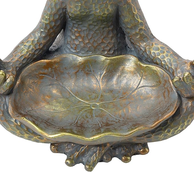 Glitzhome Meditating Yoga Frog Outdoor Statue Garden Sculpture Decor with Birdbath, 14.25" H, Bronze