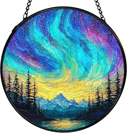 Nature Mountain Aurora Borealis Suncatcher Stained Glass Window Hanging, Northern Lights Sun Catchers Indoor Window Glass Wall Art Decor, Nature Wall Hanging Decor Decorations, 7.9x7.9 Inch