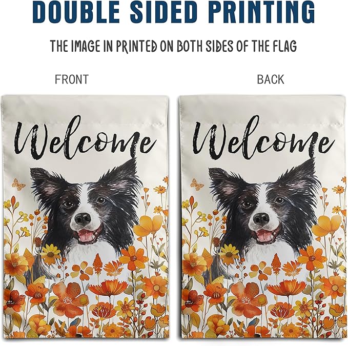 Border Collie Fall Garden Flag Autumn Dog Yard Sign Orange Floral Thanksgiving Outdoor Banners for Outside 12x18 Double Sided Small Wild Flower Lawn Decorations