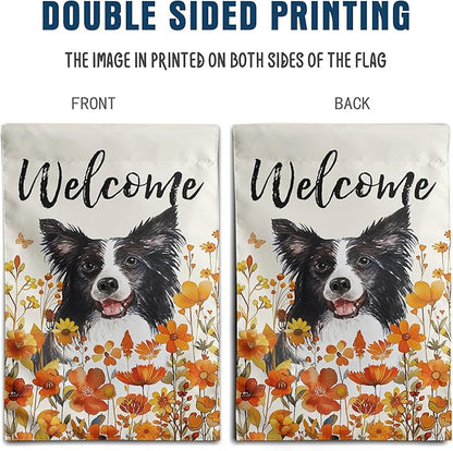 Border Collie Fall Garden Flag Autumn Dog Yard Sign Orange Floral Thanksgiving Outdoor Banners for Outside 12x18 Double Sided Small Wild Flower Lawn Decorations