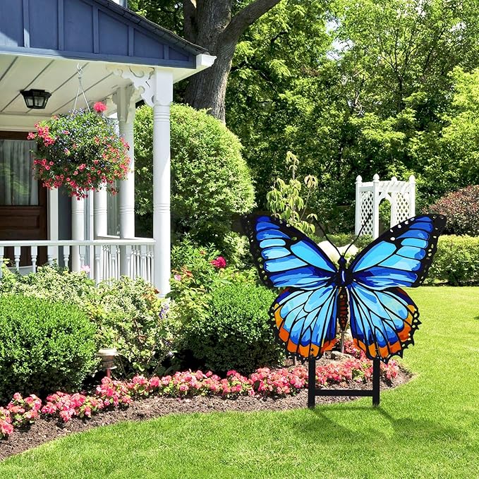 1 Pcs Spring Metal Butterfly Garden Stakes Decor 16.5 Inch Decorative Blue Butterfly Yard Stake Outdoor Insect Decor Metal Garden Art Ornaments for Patio Porch Lawn Backyard